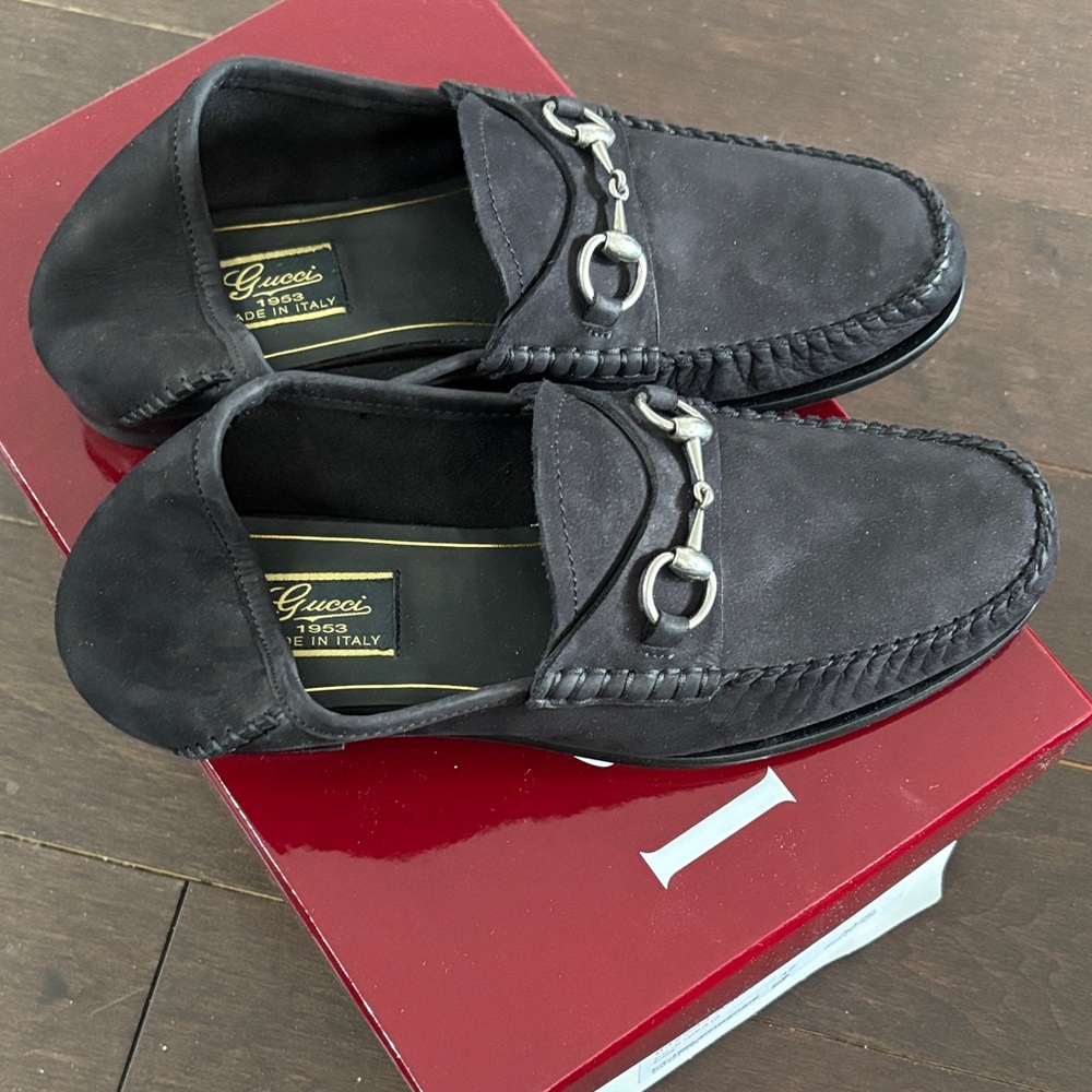 Gucci Women’s Black Suede Horsebit Slip-On Loafers - Picture 2 of 12